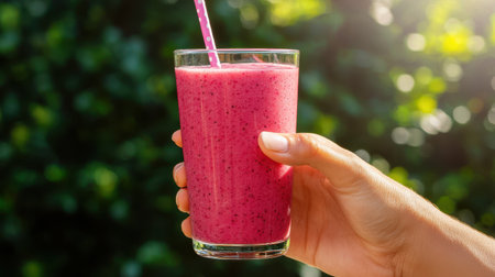 Refreshing Berry Smoothie in Hand with Pink Straw against a Sunlit Greenery Background for Healthy Living and Lifestyle Imageryの素材