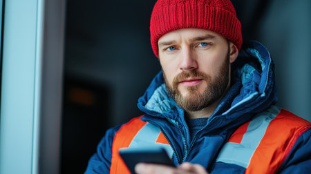 Close-Up of a Focused Construction Worker in a Winter Hat Using a Smartphone for Communication in an Industrial Settingの素材