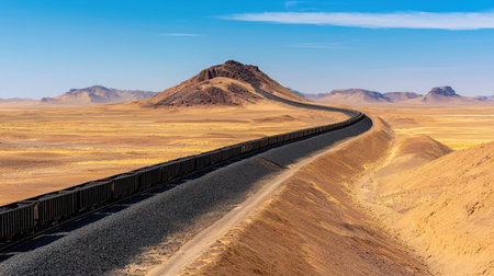 Breathtaking view of a winding railway through a vast dry desert landscape with distant mountains under a clear blue sky in serene wildernessの素材