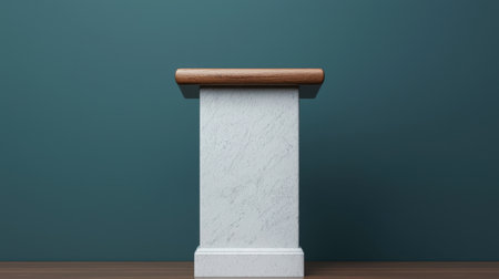 Modern podium with wood top and white stone base against teal wall, perfect for speeches, events, presentations, and educational purposes in contemporary settingの素材