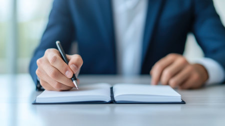 Business professional in formal attire writing notes in a notebook with a pen while seated at a desk in a bright office environmentの素材