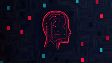Abstract representation of artificial intelligence with a digital head silhouette and circuit patterns on a dark background for technology themesの素材