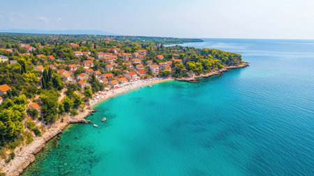 Aerial View of Coastal Village with Crystal Clear Waters and Lush Greenery in a Serene Mediterranean Landscapeの素材
