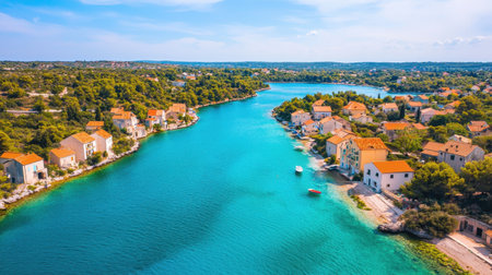 Aerial View of Picturesque Coastal Village Surrounded by Lush Greenery and Calm Turquoise Water Under Clear Blue Skyの素材