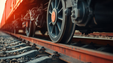 Close-Up of Vintage Train Wheels Rolling on Rusty Steel Rails Bathed in Warm Morning Lightの素材