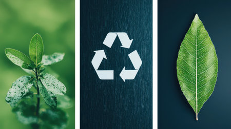 Green Leaf and Recycle Symbol in a Triptych Design for Eco-Friendly and Sustainable Living Concepts and Environmental Awareness Promotionの素材