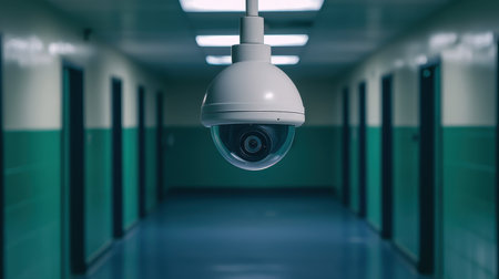 Security Camera Hanging in a Dimly Lit Hospital Corridor with Green and Blue Walls and Closed Doors in the Backgroundの素材