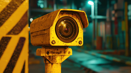 Vintage Yellow Surveillance Camera Capturing Nighttime Urban Scene with Glowing Lights and Industrial Background in Moody Atmosphereの素材