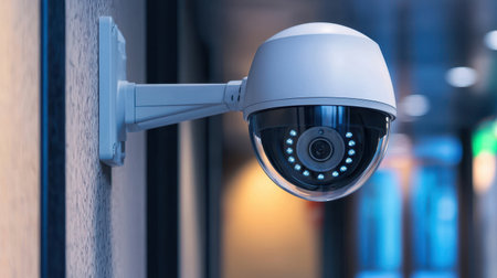 Modern Security Camera Installed on Wall Overlooking Office Corridor, Providing Surveillance and Monitoring for Enhanced Safety and Securityの素材