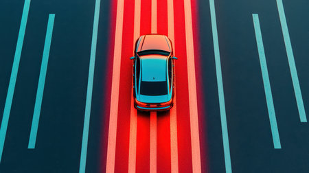 Aerial View of a Modern Car Parked on Striking Red and Blue Striped Lines in a Well-Designed Urban Parking Spaceの素材