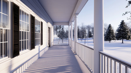 Serene Winter Morning View from Cozy Porch Surrounded by Snowy Landscape and Frosty Trees in a Tranquil Residential Areaの素材