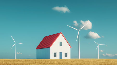 Modern farmhouse surrounded by wind turbines in sunny landscape showcasing renewable energy and eco-friendly living with clear blue sky and golden fieldsの素材