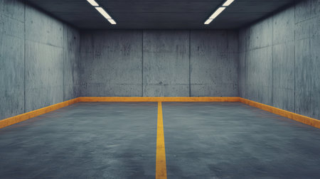 Empty modern underground parking garage with concrete walls and a bright yellow line marking the space for vehicles and an industrial aesthetic atmosphereの素材