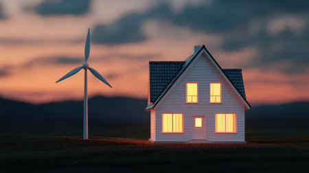 Cozy renewable home at sunset with wind turbine in the foreground, highlighting sustainable energy and modern living in a tranquil landscapeの素材