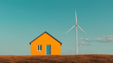 Bright yellow house on green grass field near a large wind turbine under a clear blue sky with scattered clouds for sustainable living conceptの素材