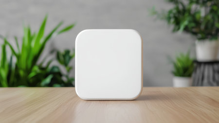 Minimalist White Square Object on Wooden Table Surrounded by Green Plants with Blurred Background in Modern Interior Design Settingの素材