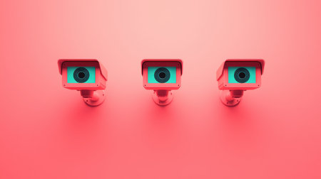 Three Vibrant Surveillance Cameras Against a Bold Pink Background with Turquoise Lenses for Unique Modern Security Conceptsの素材