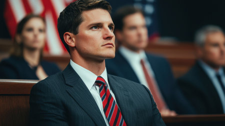 Serious young man in a formal suit sitting in a courtroom with blurred figures of other attendees and American flags in the background, courtroom atmosphereの素材