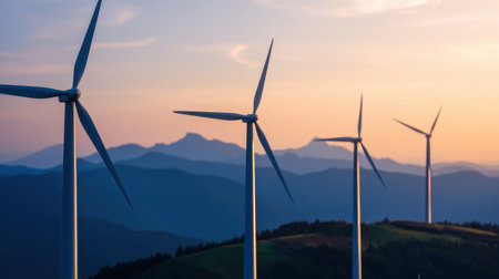 Majestic Wind Turbines Standing Tall Against a Scenic Mountain Landscape During Sunset with Soft Clouds in the Sky and Vibrant Colorsの素材