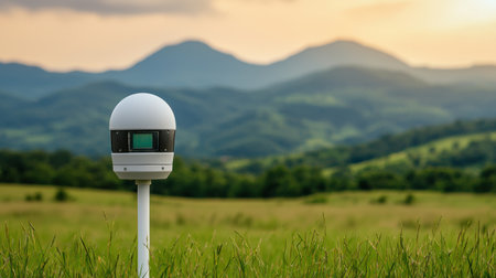 Modern monitoring equipment on grass field with mountains in background under warm sunset light, showcasing technology in natural landscapeの素材