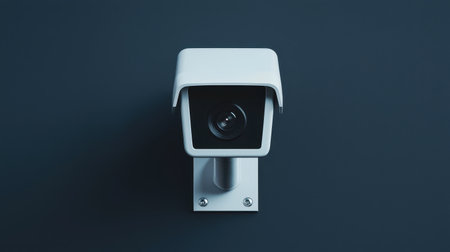 Minimalist white security camera mounted on a dark wall, symbolizing surveillance and safety in modern environments for protection and monitoring purposesの素材