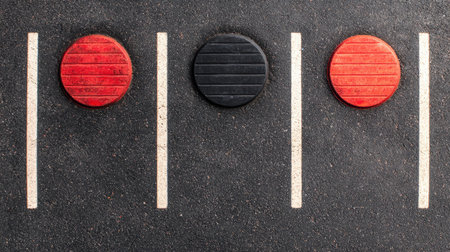 Colorful Circular Markers in a Row on Pavement Indicating Different Parking Spots with White Lines and Textured Surfacesの素材