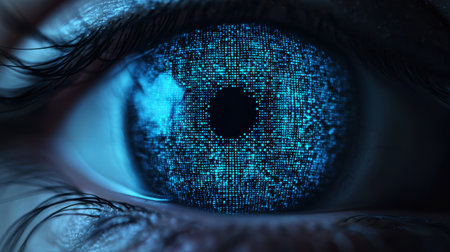 Close-up of a futuristic human eye displaying a digital matrix pattern, showcasing technology, vision, and innovation in a vibrant blue color schemeの素材