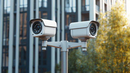 Two Modern Surveillance Cameras on a Street Pole in an Urban Environment with a Focus on Security and Monitoring Technologyの素材