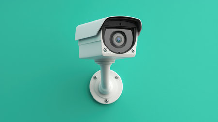 Modern security camera mounted on a wall against a vibrant turquoise backdrop, showcasing advanced surveillance technology and contemporary design aestheticsの素材