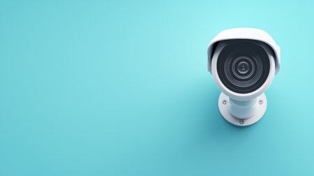 Modern security camera on a vibrant turquoise background, showcasing technology, surveillance, and data protection in a contemporary setupの素材