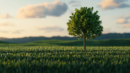 Lush Green Tree in a Vibrant Meadow with Rolling Hills and a Soft Cloudy Sky at Sunset in a Peaceful Natural Landscapeの素材