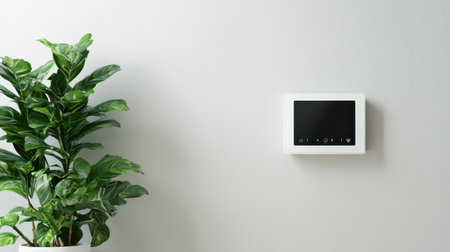 Modern Digital Thermostat on Wall with Lush Indoor Plant for Home Environment and Temperature Control in Stylish Living Spaceの素材