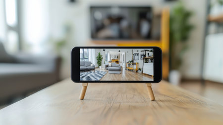 Smartphone on Wooden Table Displaying Modern Living Room Interior Design with Minimalist Decor and Bright Natural Light in Contemporary Home Environmentの素材
