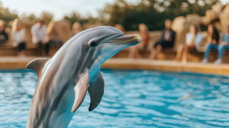 Playful Dolphin Jumps Above Water Surface in Sunny Aquatic Park with Audience Watching and Enjoying Marine Life in a Captivating Environmentの素材