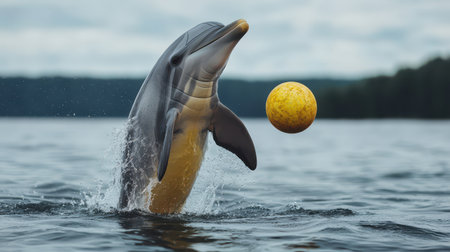 Playful dolphin jumps out of the water with a yellow ball in its mouth, showcasing agility and intelligence in a serene aquatic environmentの素材
