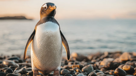 Adorable solitary penguin standing on pebbly beach at sunset with soft light illuminating its feathers against a gently lapping ocean backdropの素材
