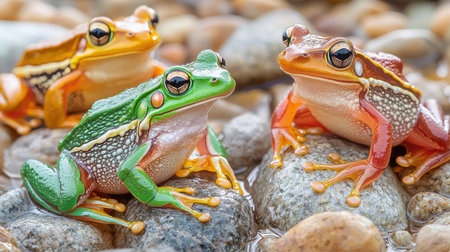 Colorful Frogs Relaxing on Pebbles Beside a Gentle Stream, Showcasing Vibrant Colors and Unique Patterns, A Nature Lovers Delight in High Detailの素材