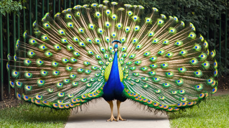 Majestic Peacock Displaying Vibrant Tail Feathers in a Natural Setting Surrounded by Lush Greenery and Soft Pathwayの素材