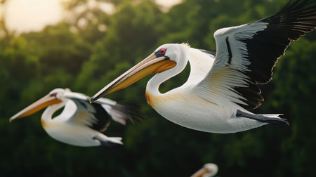 Stunning Close-Up of Two Majestic Pelicans Flying Gracefully Over a Lush Green Landscape in Soft Evening Lightの素材