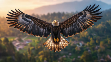Majestic eagle soaring through the sky with outstretched wings against a picturesque backdrop of mountains and greenery during sunrise or sunsetの素材