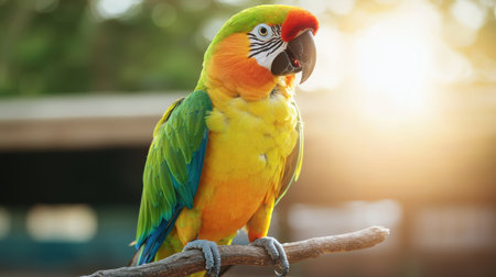 Vibrant Colorful Parrot Perched on a Branch with Sunlight Glowing in Background, Showcasing Beautiful Feathers and Bright Personalityの素材