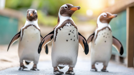 Three adorable penguins walking together on a pathway, showcasing their unique characteristics and playful nature in a sunny outdoor settingの素材