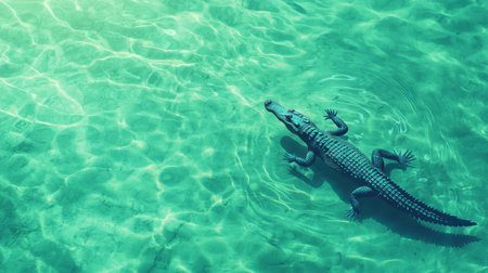 Crocodile Swimming in Clear Blue Water with Sunlight Reflections and Textures Creating a Serene Aquatic Environment and Captivating Wildlife Sceneの素材