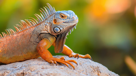 Colorful Iguana Sunbathing on Rock Near Lush Greenery with Vibrant Background in Tropical Environmentの素材