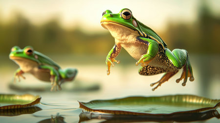Vibrant Green Frogs Leaping Over Lily Pads in a Tranquil Pond Scene with Soft Natural Light and Lush Backgroundの素材