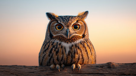 Majestic Owl Staring Intently at the Observer with Stunning Details and a Colorful Dusk Sky Background for Wildlife Photography Enthusiastsの素材
