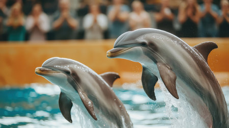 Playful dolphins performing acrobatics in an aquatic environment with enthusiastic audience capturing the moment amidst splashes and excitementの素材