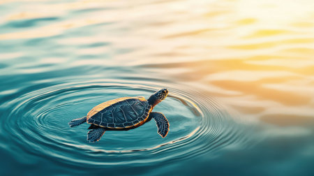 Graceful Sea Turtle Swimming Calmly Through Turquoise Water Under Warm Golden Sunlight at Sunsetの素材