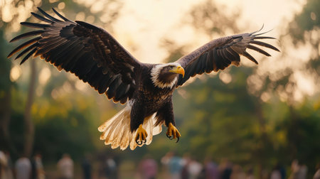 Majestic Bald Eagle with Outstretched Wings In Flight Over a Gathering of People in a Scenic Natural Setting at Sunsetの素材