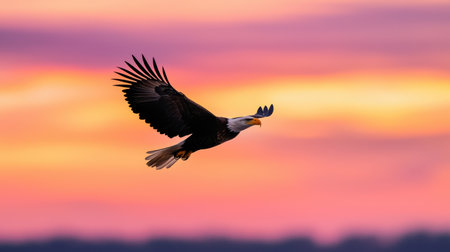 Majestic Bald Eagle Soaring Gracefully Against a Vibrant Sunset Sky with Beautiful Color Gradation in Backgroundの素材
